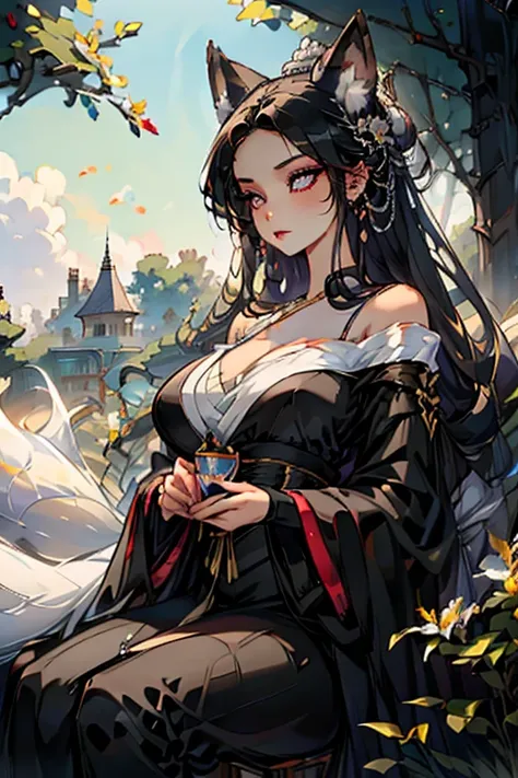 A black haired woman with purple eyes and an hourglass figure with black fox ears and a black fox tail wearing a conservative victorian gown is drinking tea in the garden