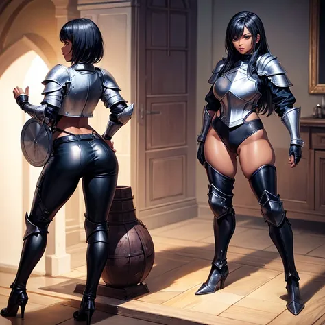 Hot female knight, wearing plate armor, leather pants, full body, nice thighs , dark skin, short black hair, nice butt
