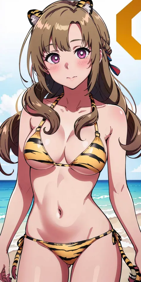 (highres, best quality:1.2), 1girl, blush, solo, ([justTNP] Mamako Oosuki | Do You Love Your Mom and Her Two-Hit Multi-Target Attacks?) (yellow bikini) (yellow tiger stripes bikini)