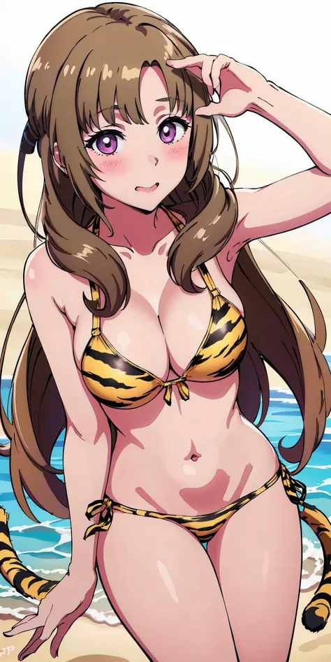 (highres, best quality:1.2), 1girl, blush, solo, ([justTNP] Mamako Oosuki | Do You Love Your Mom and Her Two-Hit Multi-Target Attacks?) (yellow bikini) (yellow tiger stripes bikini)