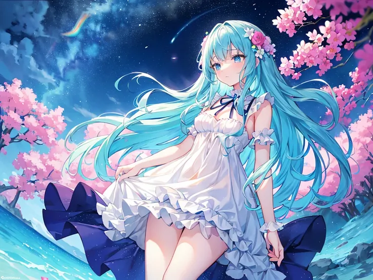 Written boundary depth, profile, Neat figure, Beautiful detailed girl, One woman、colored inner long hair, beautiful rainbow hair, Are crying, blue eyes, Small breast with flowers, Frill dress, Cyan color outfit,Beautiful night view、Detailed night view、8K b...