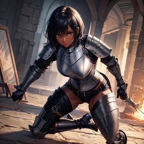 female knight, wearing plate armor, leather pants, full body, nice thighs , dark skin, short black hair, butt
