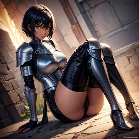 female knight, wearing plate armor, leather pants, full body, nice thighs , dark skin, short black hair, butt
