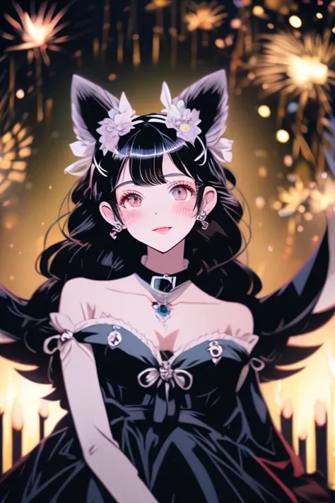 A black haired woman with purple eyes and an hourglass figure with black fox ears and a black fox tail wearing a conservative victorian gown is watching fireworks