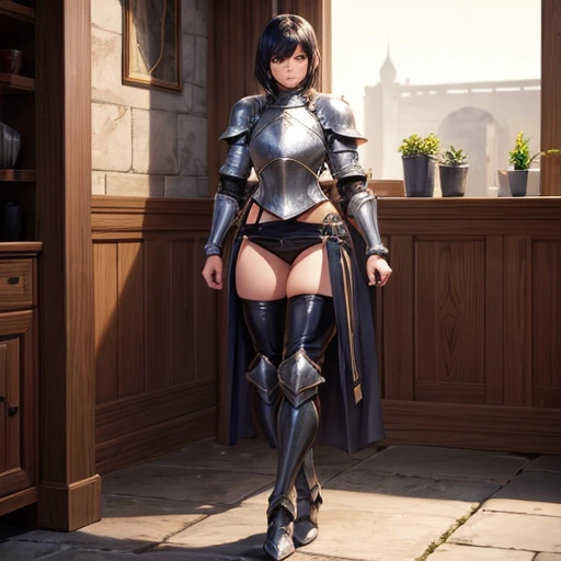 female knight, wearing plate armor, leather pants, full body, nice thighs , dark skin, short black hair, butt
