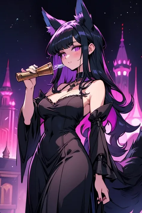 A black haired woman with purple eyes and an hourglass figure with black fox ears and a black fox tail wearing a conservative victorian gown is drinking tea on the roof at night