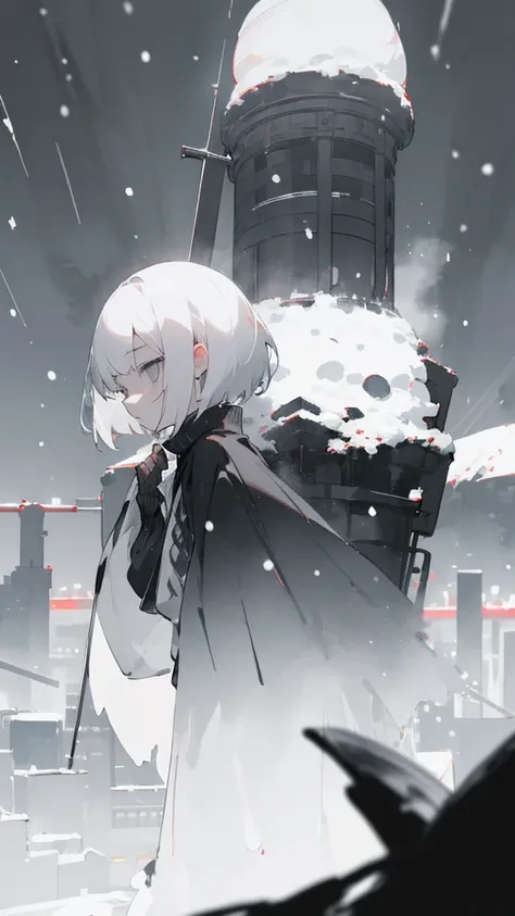 (masterpiece、highest quality)、Short nape hair、1 girl with very short white hair、Black cardigan、Grim expression、Grey Eyes、Warm lighting、 Blurred foreground、night深く、High Contrast、night、In the city,it&#39;s snowing,Heavy snowfall,winter,Alone in the vast snow...