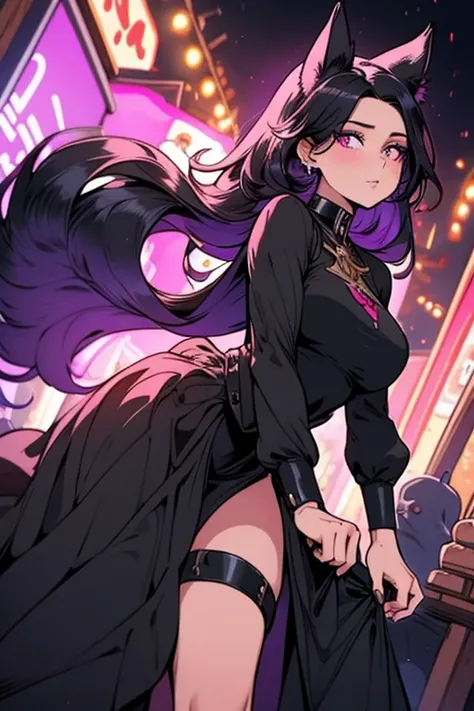 A black haired woman with purple eyes and an hourglass figure with black fox ears and a black fox tail wearing a conservative ball gown is shopping at the market