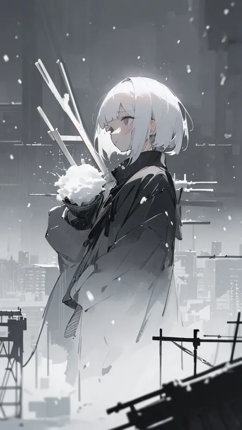 (masterpiece、highest quality)、Short nape hair、1 girl with very short white hair、Black cardigan、Grim expression、Grey Eyes、Warm lighting、 Blurred foreground、night深く、High Contrast、night、In the city,it&#39;s snowing,Heavy snowfall,winter,Alone in the vast snow...