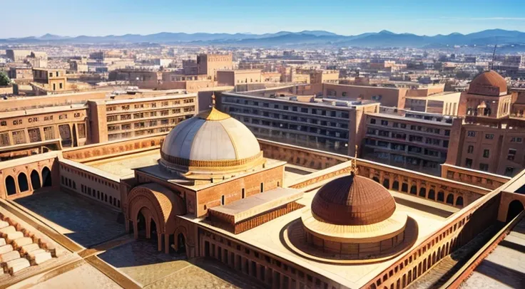 4k resolution picture, ultra realistic picture, Marrakech city, a huge mosque with dome on top, entire market area in top views, shops everywhere, Moroccan architectures, top views