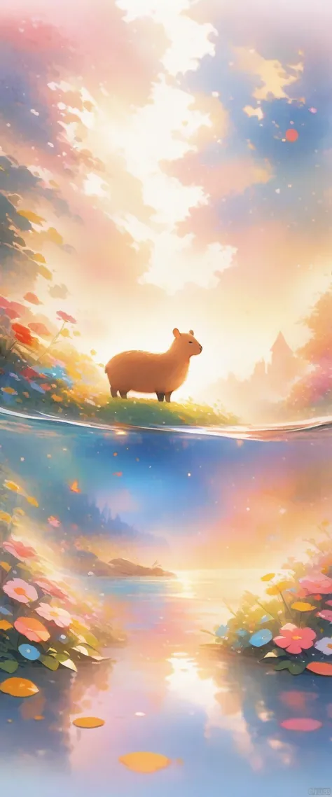 capybara, Solitary, Waterside, relaxed expression, Fluffy fur, Rich natural environment, Sunset and soft lights, Flowers and plants, Rocks and roots, Insects and small animals, Reflections on the water, Peaceful scenery, Water spray, Peaceful and leisurely...