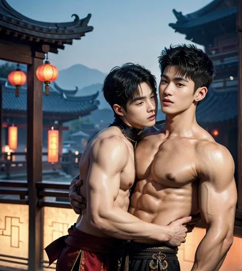 2 Handsome chinese guy kissing, smilling at each other, bare chest , show the abs, 20 years old,hug, cuddle, touching lips, skin ship, romantic,  Asian, chinese hansome actor, kpop idol, handsome male model,manly, master work, best picture quality, higher ...