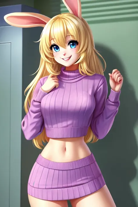 Rabbit girl High school student ,solo, female, blonde hair, blue eyes, smiling, medium breasts, slim, small waist, small hips, American high school, cropped sweater, hands behind back, happy, looking at viewer, high quality