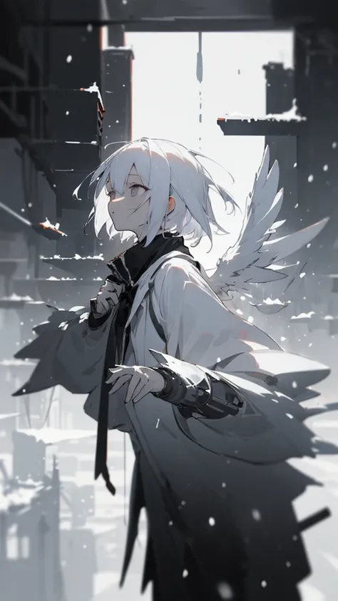 (masterpiece、highest quality)、Short nape hair、1 girl with very short white hair、Black cardigan、Grim expression、Grey Eyes、Warm lighting、 Blurred foreground、night深く、High Contrast、night、In the city,it&#39;s snowing,Heavy snowfall,winter,Alone in the vast snow...