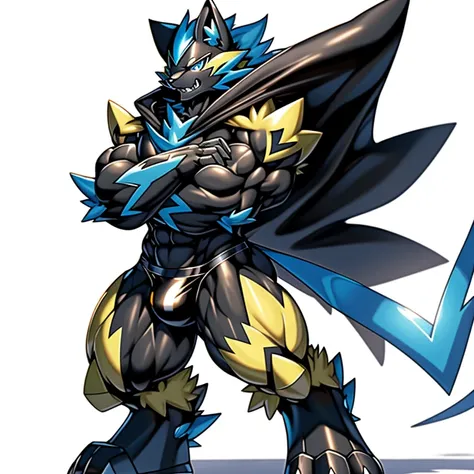 (Pokémon) Zeraoras giant robot. big muscle. GIANT. pecs, triceps, traps, waist narrow. bulge in the crotch, wears a small black string thong that reveals huge, muscular thighs. (metallic color: jet black thong) body full of huge muscles. bulge in the crotc...