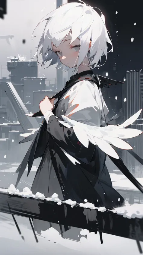 (masterpiece、highest quality)、Short nape hair、1 girl with very short white hair、Black cardigan、Grim expression、Grey Eyes、Warm lighting、 Blurred foreground、night深く、High Contrast、night、In the city,it&#39;s snowing,Heavy snowfall,winter,Alone in the vast snow...