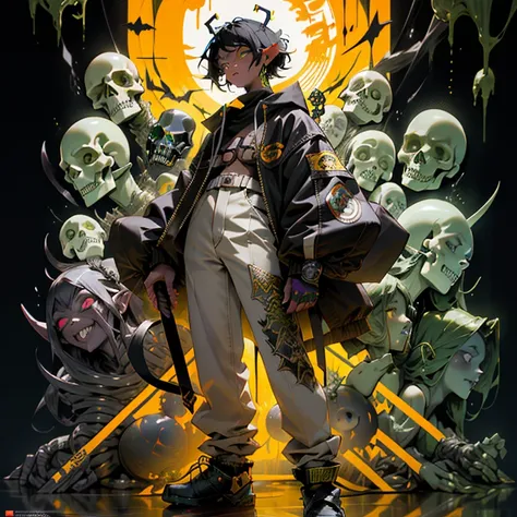 a person standing in front of a bunch of skulls, goblin girl dnd character, yellow uneven teeth, from arknights, cd cover artwork, eldritch color scheme, contrast icon, green slime, black hair and large eyes, demon boy, sfw version, uncropped, sachin teng,...