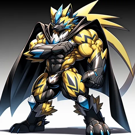 (Pokémon) Zeraoras giant robot. big muscle. GIANT. pecs, triceps, traps, waist narrow. bulge in the crotch, wears a small black string thong that reveals huge, muscular thighs. (metallic color: jet black thong) body full of huge muscles. bulge in the crotc...