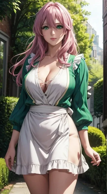 Cute Italian girl, big breasts , cleavages, Italian lady, Model, long open hair, hair floating,  green color full sleeve clothes, white apron, green eyes and pink hair, short skirt, open neckline, ultra realistic eyes , sunlight and garden background, brig...