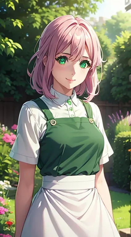 Cute girl,big sized , green colour clothes, white apron, green eyes and pink hair, short skirt, ultra realistic eyes , sunlight and garden background, bright purple eyes, ultra realistic detailed eyes, innocent eyes, looking at camera, beautiful smile, bea...