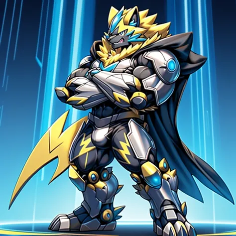 (Pokémon) Zeraoras giant robot. big muscle. GIANT. pecs, triceps, traps, waist narrow.
body full of huge muscles. bulge in the crotch, He wears a black cloak on his back. The cloak is so long that it touches the ground, crossed arms. The claws are sharp,
S...