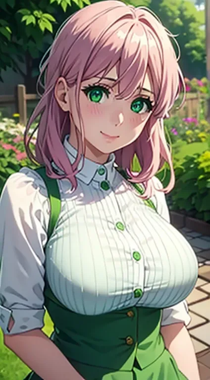 cute girl, big sized breasts, cleavages , green colour clothes, white apron, green eyes and pink hair, short skirt, ultra realis...