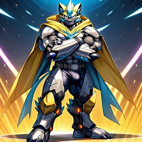 (Pokémon) Zeraoras giant robot. big muscle. GIANT. pecs, triceps, traps, waist narrow.
body full of huge muscles. bulge in the crotch, He wears a black cloak on his back. The cloak is so long that it touches the ground, crossed arms. The claws are sharp,
S...