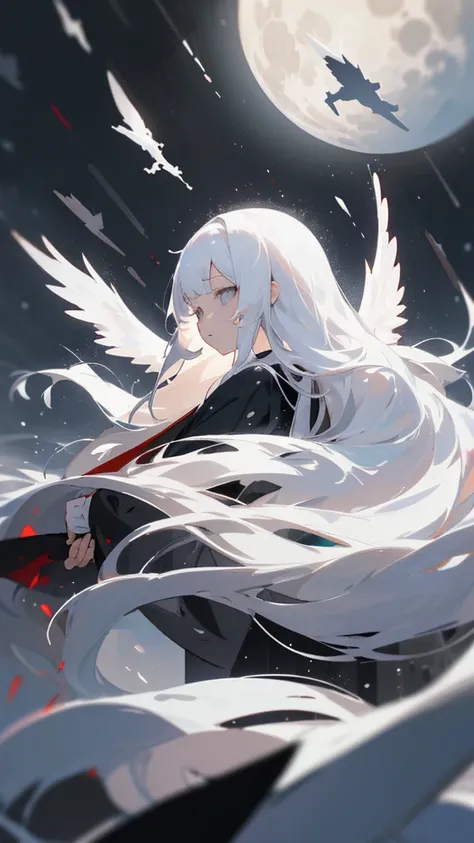 (masterpiece、highest quality)、Very long white hair、Very long white hairの女の1人、Black cardigan、Grim expression、Grey Eyes、Warm lighting、 Blurred foreground、night深く、High Contrast、night、In the city,it&#39;s snowing,Heavy snowfall,winter,Alone in the vast snowy f...