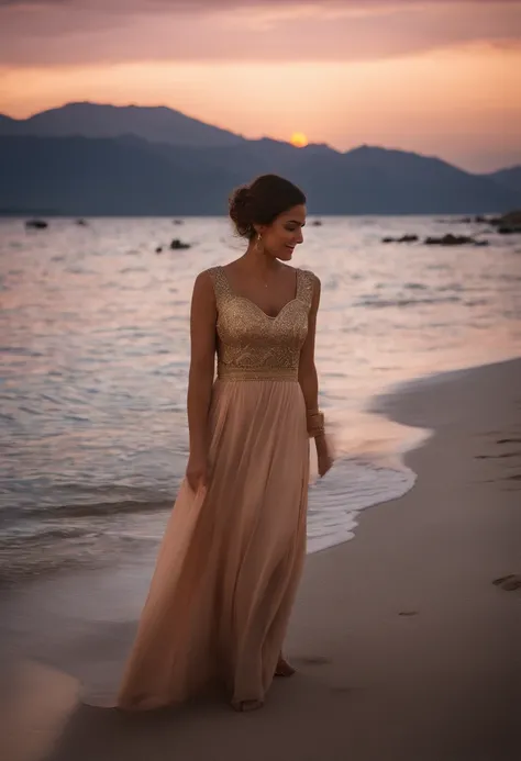 A beautiful sunset on a sandy beach, with palm trees swaying gently in the breeze. The color of the sky is bright, with shades of orange, pink and purple blending perfectly. The golden rays of the setting sun warmly illuminate the view, creating a serene a...