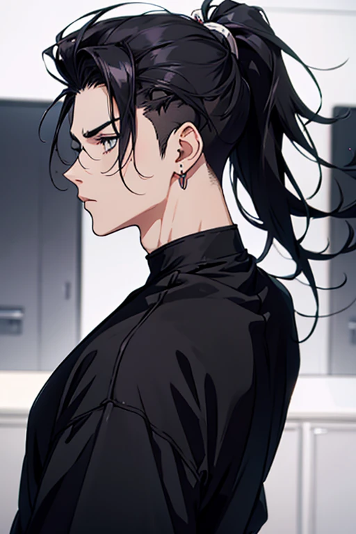 anime man gradient anime young black hair ponytail low back shaved on the sides turns the hair to the left side in the middle serious face with black earrings sweatshirt big hair