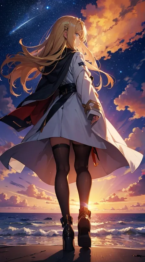 １people々々々々々々々々々々々,Blonde long-haired woman，Long coat， Dress Silhouette， Rear View，Space Sky, , Anime Style, sunset，The boundary between sea and space，