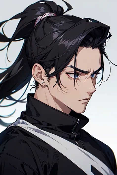 anime man gradient anime young black hair ponytail low back shaved on the sides turns the hair to the left side in the middle serious face with black earrings sweatshirt big hair