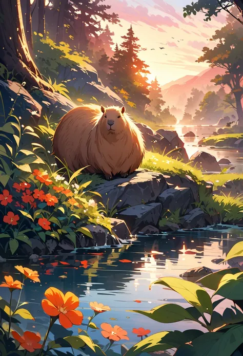 capybara, Solitary, Waterside, relaxed expression, Fluffy fur, Rich natural environment, Sunset and soft lights, Flowers and plants, Rocks and roots, Insects and small animals, Reflections on the water, Peaceful scenery, Water spray, Peaceful and leisurely...