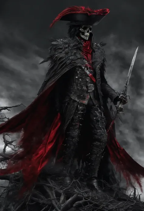 Dark army with red sword，captain&#39;Feathered hat，Red Cape，