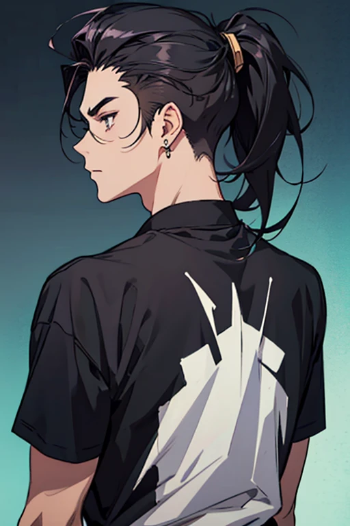 anime man gradient anime young black hair ponytail low back shaved on the sides turns the hair to the left side in the middle serious face with black earrings sweatshirt big hair