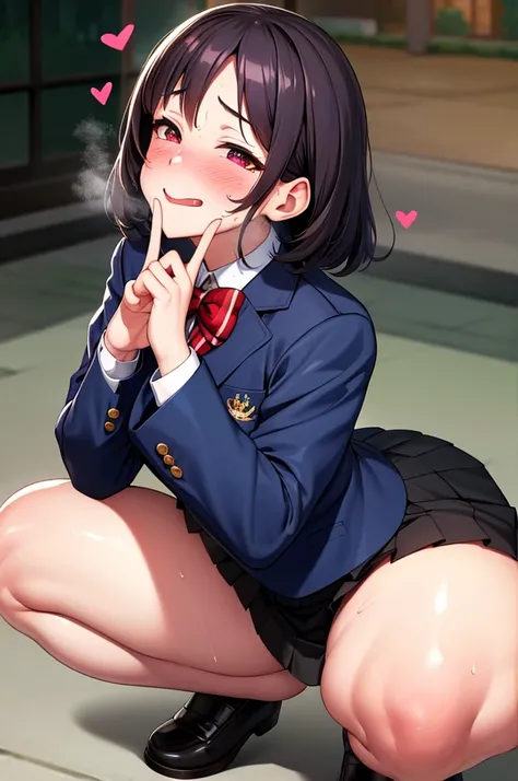 (nsfw),masterpiece,ultra detailed,sharp focus,4k digital art,high resolution,(v sign with both hands:1.5),(aroused and  blushed:1.5),bukkake,(adult face,curvy female),(face focus:1.2),navy blazer,pleated skirt,bow tie,black medium hair,tongue,at public par...