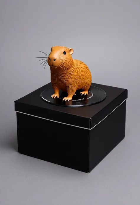 Black vinyl record cover design, packaging box design, minimalism art, a cute Capybara, (masterpiece, best quality, perfect composition, very aesthetic, absurdres, ultra-detailed, intricate details, Professional, official art, Representative work:1.3)