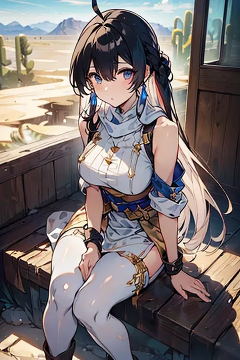 ((in a desert:1.5)), a matured woman with long hair and a white outfit, (resting in oasis:1.2), Arabic, Post apocalyps, from arknights, artwork in the style of guweiz, bodyesbian, fine details. girls frontline, beautiful anime illustration, from girls fron...