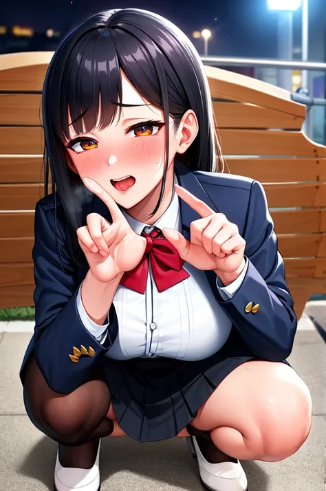 (nsfw),masterpiece,ultra detailed,sharp focus,4k digital art,high resolution,(v sign with both hands:1.5),(aroused and  blushed:1.5),bukkake,(adult face,curvy female),(face focus:1.2),navy blazer,pleated skirt,bow tie,(black hair,straight hair),tongue,at p...