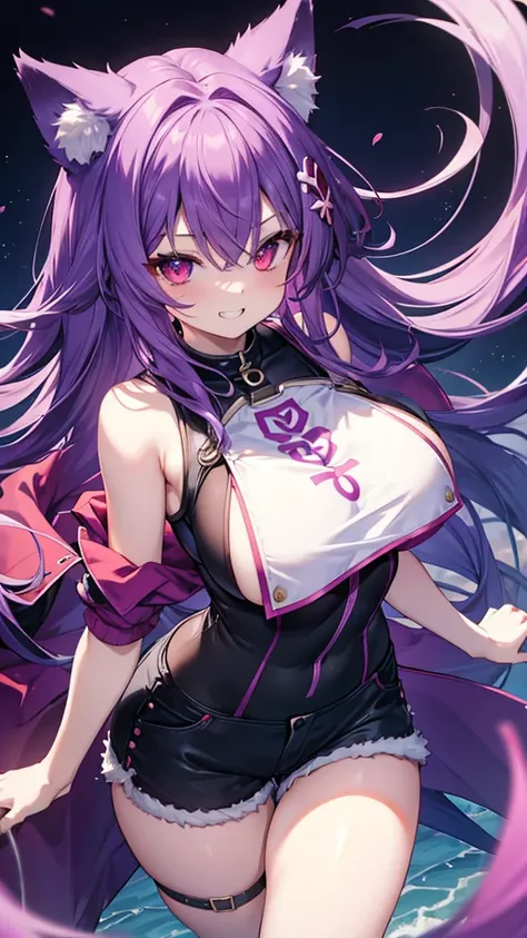 Fox Girl, Large Breasts, Voluminous purple hair, masterpiece , Red eyes, hd, Thick thighs, Head to Chest, buried in my chest、Underboob、Double teeth、tooth、Sleeveless shirt、Shorts、Chubby、Grinning