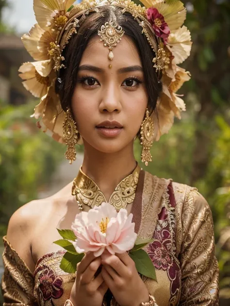 full body photo (abbie_cornish:0.6) Indonesian princess wearing kebaya in the village, very detailed face, lips, realistic, solo, medium breasts, firm skin, puffy, face, masterpiece, best quality, Intricate, High Detail, dramatic, holding a flower like off...