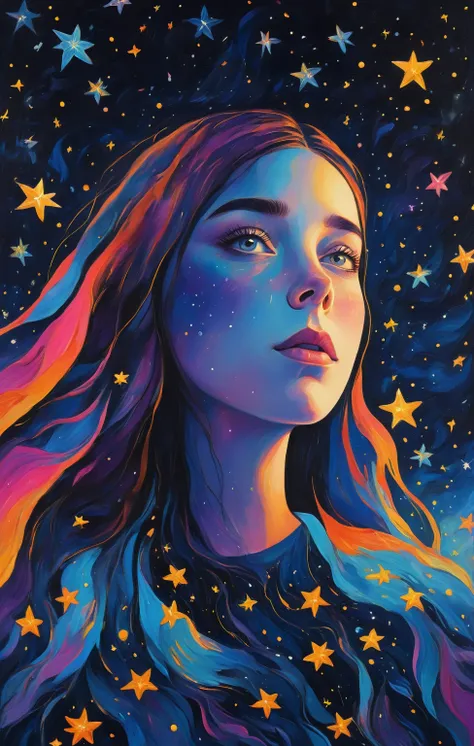 chiaroscuro technique on sensual illustration of an A girl standing under a night sky filled with shooting stars of good fortune. The scene is depicted in the style of an oil painting, with vibrant colors and rich textures. The girl has a dreamy expression...