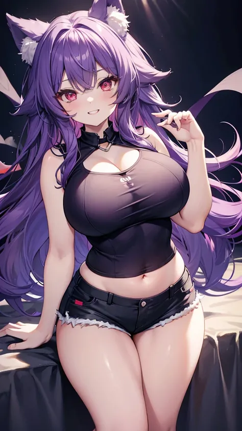 Wolf Girl, Large Breasts, Voluminous purple hair, masterpiece , Red eyes, hd, Thick thighs, Head to Chest, buried in my chest、Underboob、Double teeth、tooth、Sleeveless shirt、Shorts、Chubby、Grinning