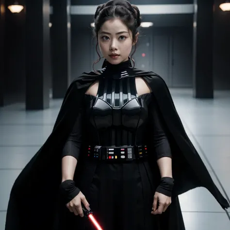 Star Wars、((highest quality)), ((masterpiece)), (detailed), Perfect Face、((１People only、female、Satomi Ishihara、Perfect proportions、Princess Leia&#39;s Hairstyle、Darth Vader&#39;s Wife、Get friendly with Darth Vader、Darth Vader&#39;s Armor、Black Cape、Vader l...