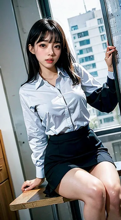 (Remote Play), OL、((Secretary uniform)),White collared shirt、Black tight mini skirt、Office Lady、Inside the company、 (close your eyes, Open your mouth, Slouching posture), 1 Female, solo, 19 years old, Put your hands behind your back、 Ideal body proportions...