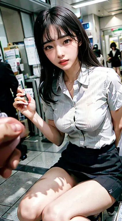 (Remote Play), OL、((Secretary uniform)),White collared shirt、Black tight mini skirt、Office Lady、Inside the company、 (close your eyes, Open your mouth, Slouching posture), 1 Female, solo, 19 years old, Put your hands behind your back、 Ideal body proportions...