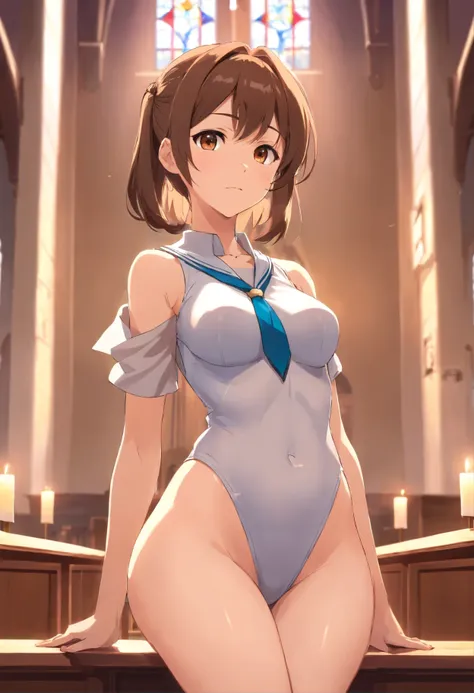 Anime, church, 1girl, brown hair, short pony tail, brown eyes, medium breasts, sideboob, wearing nuns uniform, no bra, bottomless, show off pussy, Looking at Viewer, disdain, contemptuous, skyporn, in confession room, From  above, Nipple Tweaking, Areola,b...