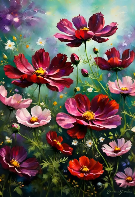 (best quality,4k,8k,highres,masterpiece:1.2),ultra-detailed,(realistic,photorealistic,photo-realistic:1.37),dark red Cosmos with intense hues,detailed petals and delicate texture,blooming in a dreamy garden,enticing fragrance filling the air,ethereal and m...