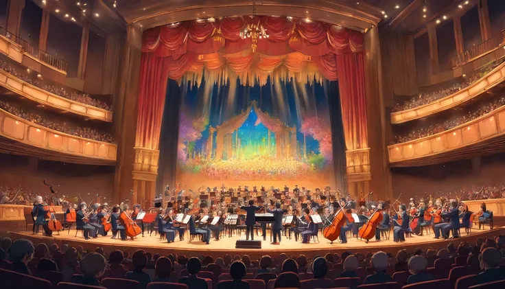 Symphony orchestra performing in a concert hall，Large crowd