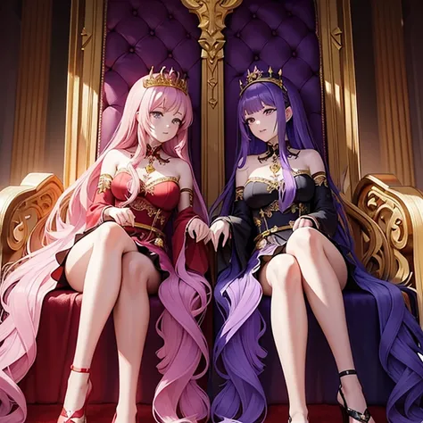 Two queen girls sitting beside each other in the throne room.

Girl on the left has lavender long hair with a gold crown with purple sapphire gemstone and a lavender gown with a fancy purple high heels. The Girl on the right has Red slight wavy long hair w...